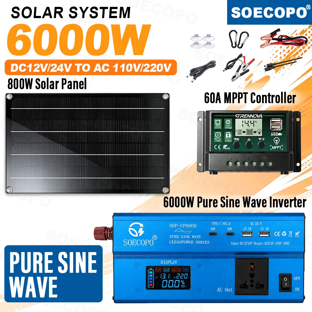 No Noise 6000W Solar Power Kit Pure Sine Inverter + 800W Panel + 60A MPPT DC12V/24V AC110V/220V Mobile Power for RV Camping Home