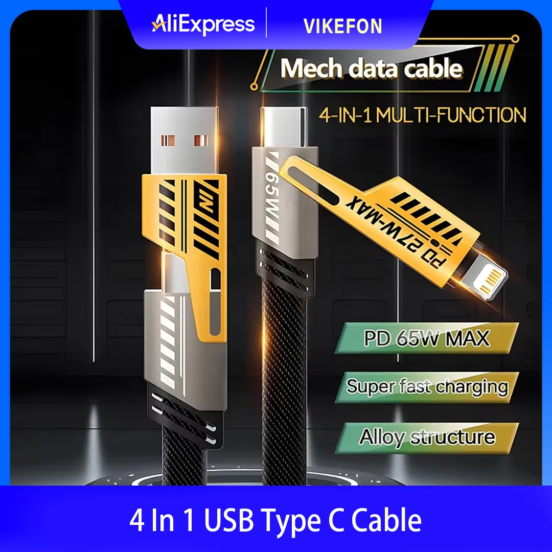 4 In 1 USB Type C Cable 6A Fast Charging for Huawei Redmi Samsung iPhone 16-12 11 Travel Wall Portable USBC Data Cord for Phone