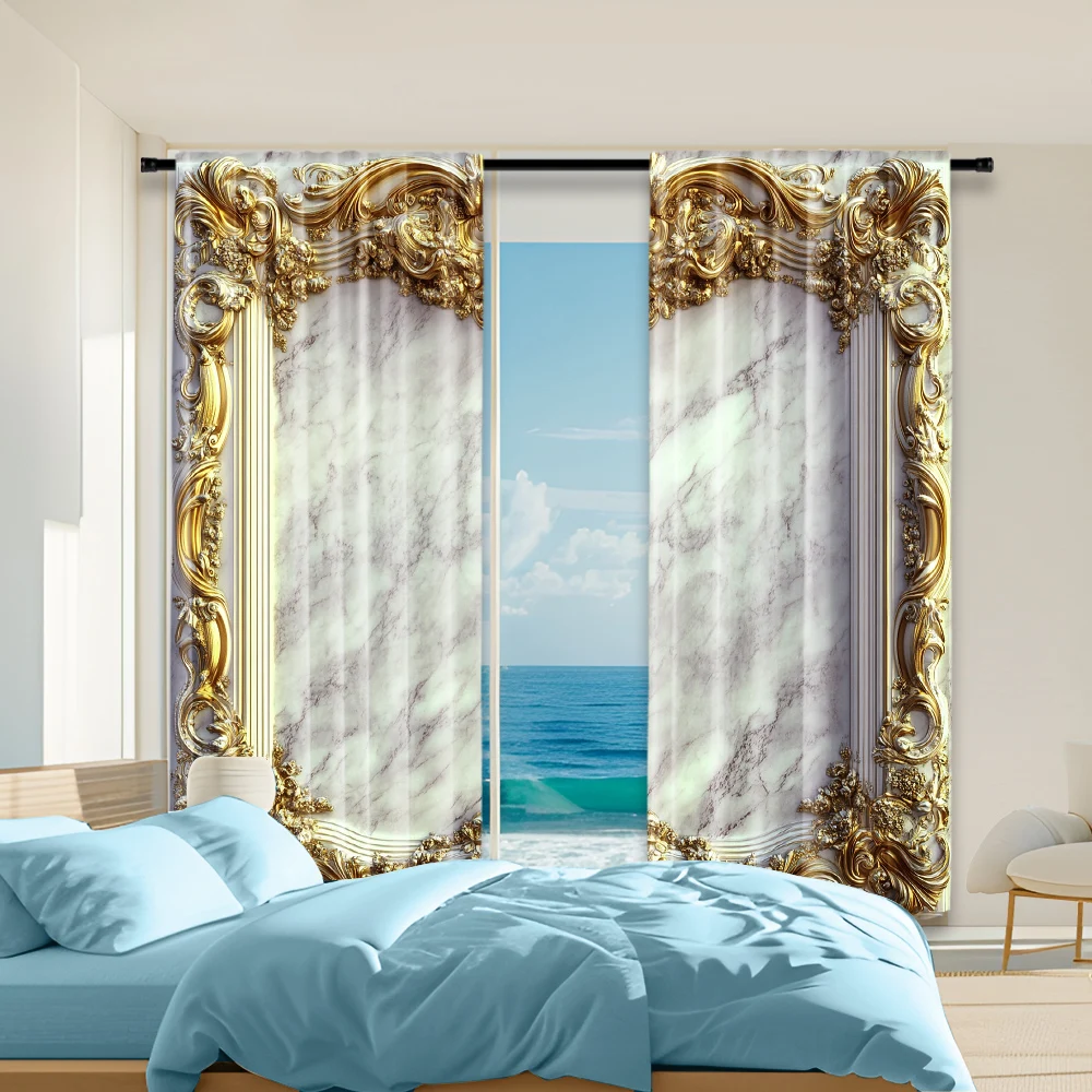 

2Pcs Classic Marble And Golden Pattern Printed Window Curtains Rod Pocket Design For Easy Installation Drapes For Bedroom Living