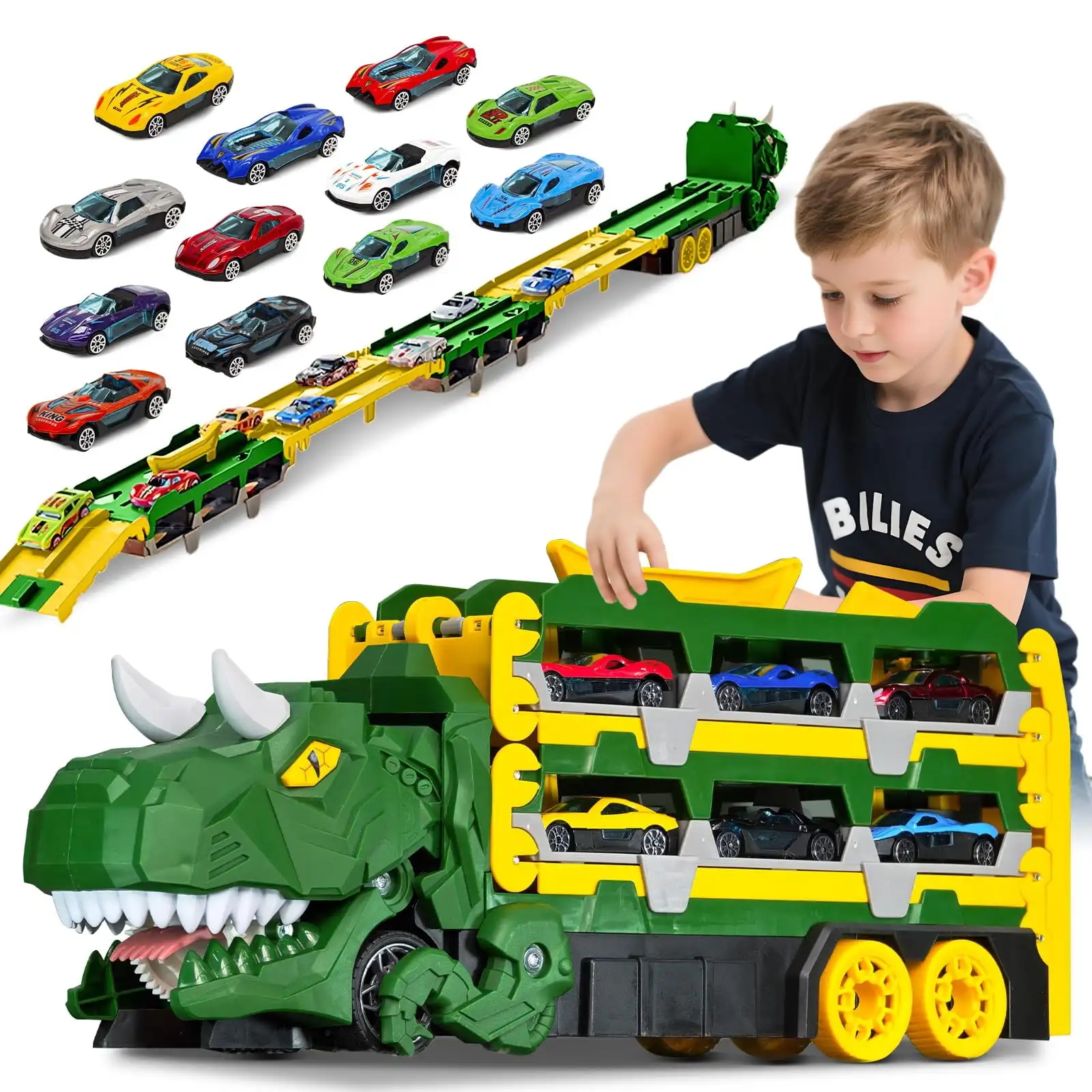 

Dinosaur Car Carrier Truck Toy with 12 Alloy Cars, 57in Race Track Swallowing Action Vehicle Gift for Boys Girls Kids Preschool
