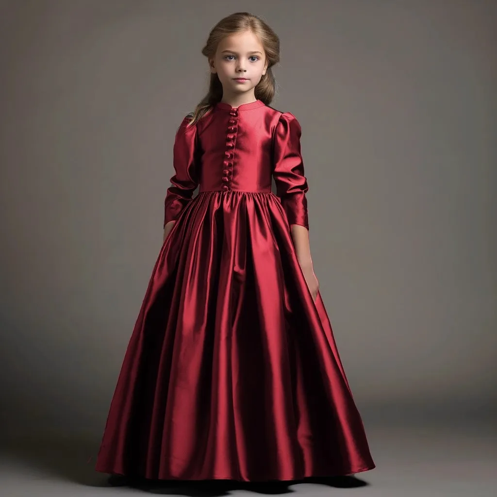 È Yiiya Abito da ragazza di fiore modesto personalizzato Vino rosso Raso Collo alto Bottoni Maniche a 3/4 A-line Lunghezza pavimento Abito per bambini T059