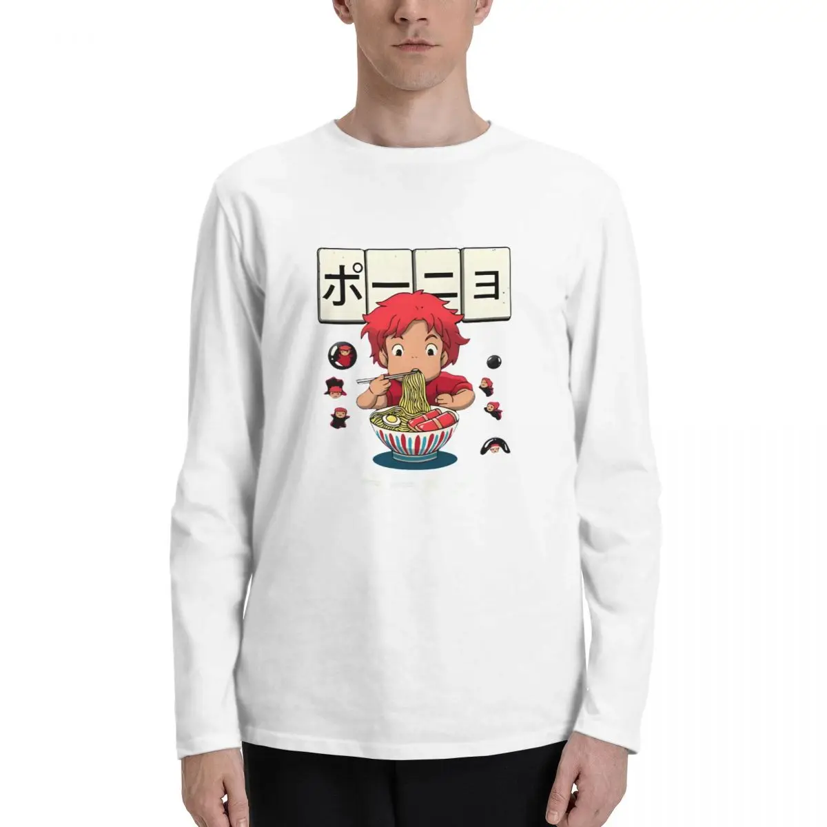 

Ponyoed On The Cliff Ramen T-Shirt Men Fashion Casual Long Sleeves Autumn Cotton Breathable Tshirt