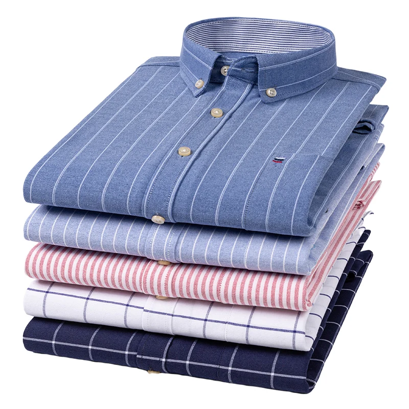 100% Pure Cotton Oxford Men Striped Plaid Shirts Male Casual High Quality Long Sleeve Social Shirt Men Button Business Shirt 7XL