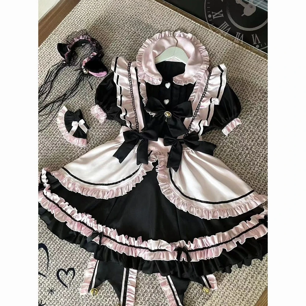 Japanische Kawaii Bogen Spitze Lolita Kleid Frauen Süße Nette Puff Sleeve Schlank Rosa Mini Kleider Weibliche Hübsche Fee Prinzessin Kleid Neue