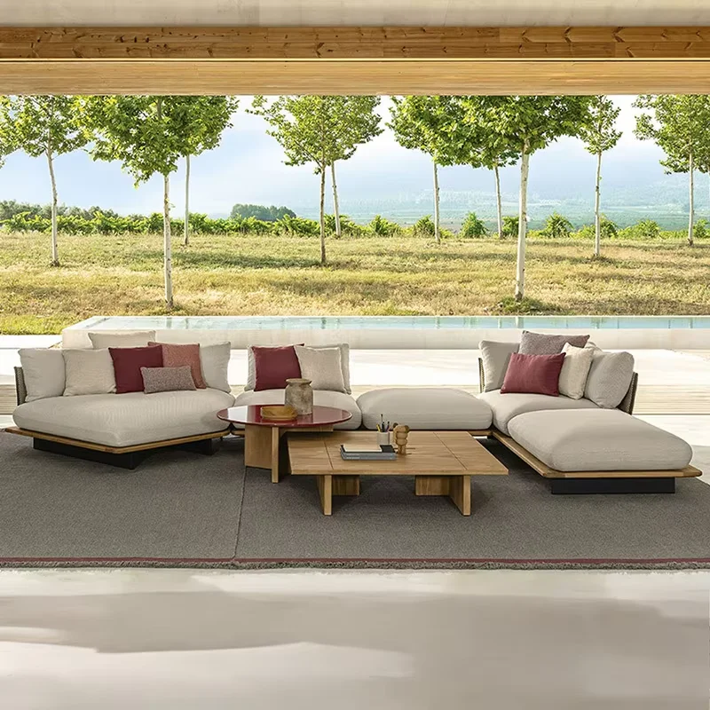 

！@Luxury Modern and Simple Teak Rattan Sofa Set with Braided Rope Waterproof for Garden Balcony Patio Pool Outdoor Furniture