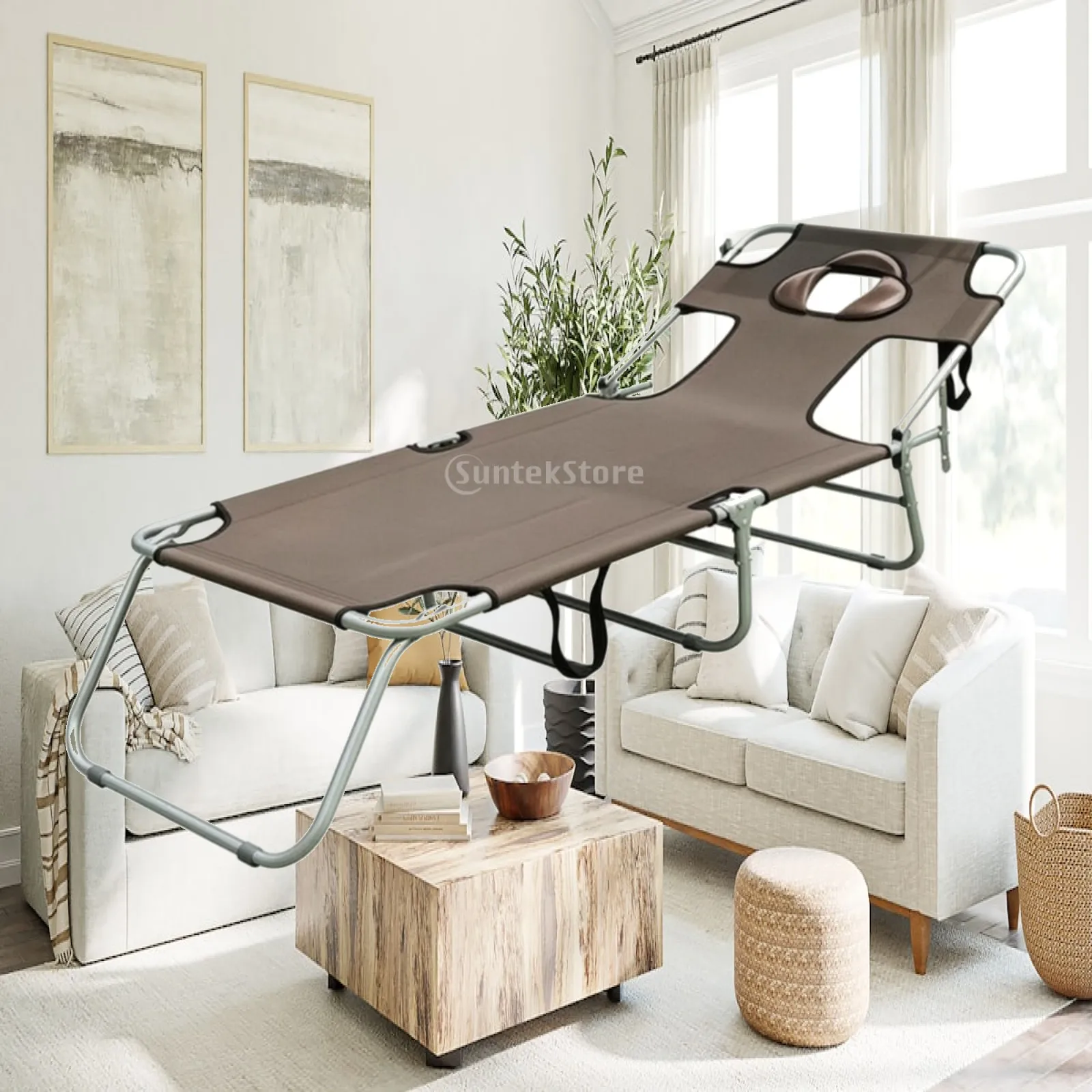 Folding Sunbathing Lounger Comfortable Outdoor Lounger with Metal Frame Reclining Beach Chair Adjustable Furniture Lightweight
