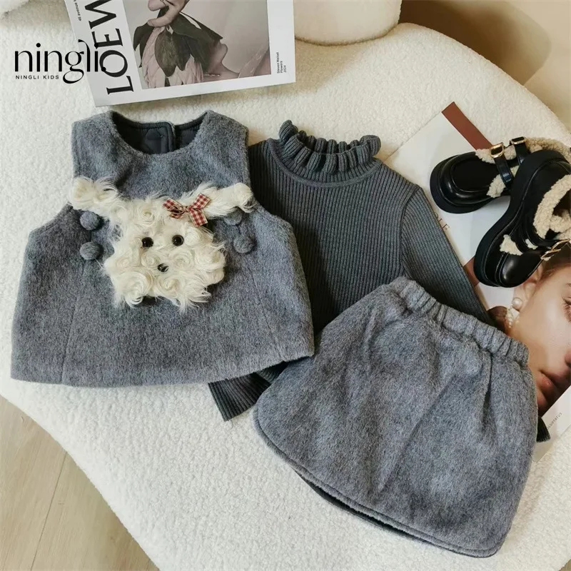 Baby Girls Clothes Sets for Children's Clothing Princess Kids Gray Knitted Sweater+Cartoon Woolen Vest+Cotton Skirt 3Pcs Suit