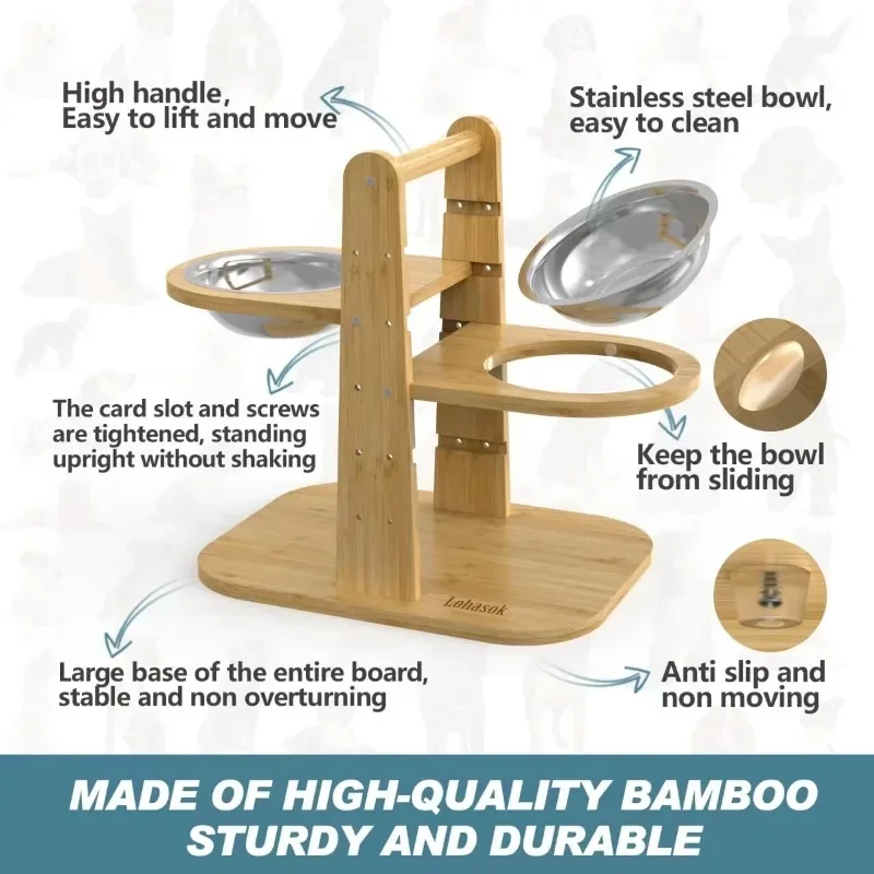 Imagem -04 - Bacia do Cão Levantada Ajustável com Pés Antiderrapantes Bambu Elevado Alimentador Stand Tigelas de Aço Inoxidável Level Feeding Station