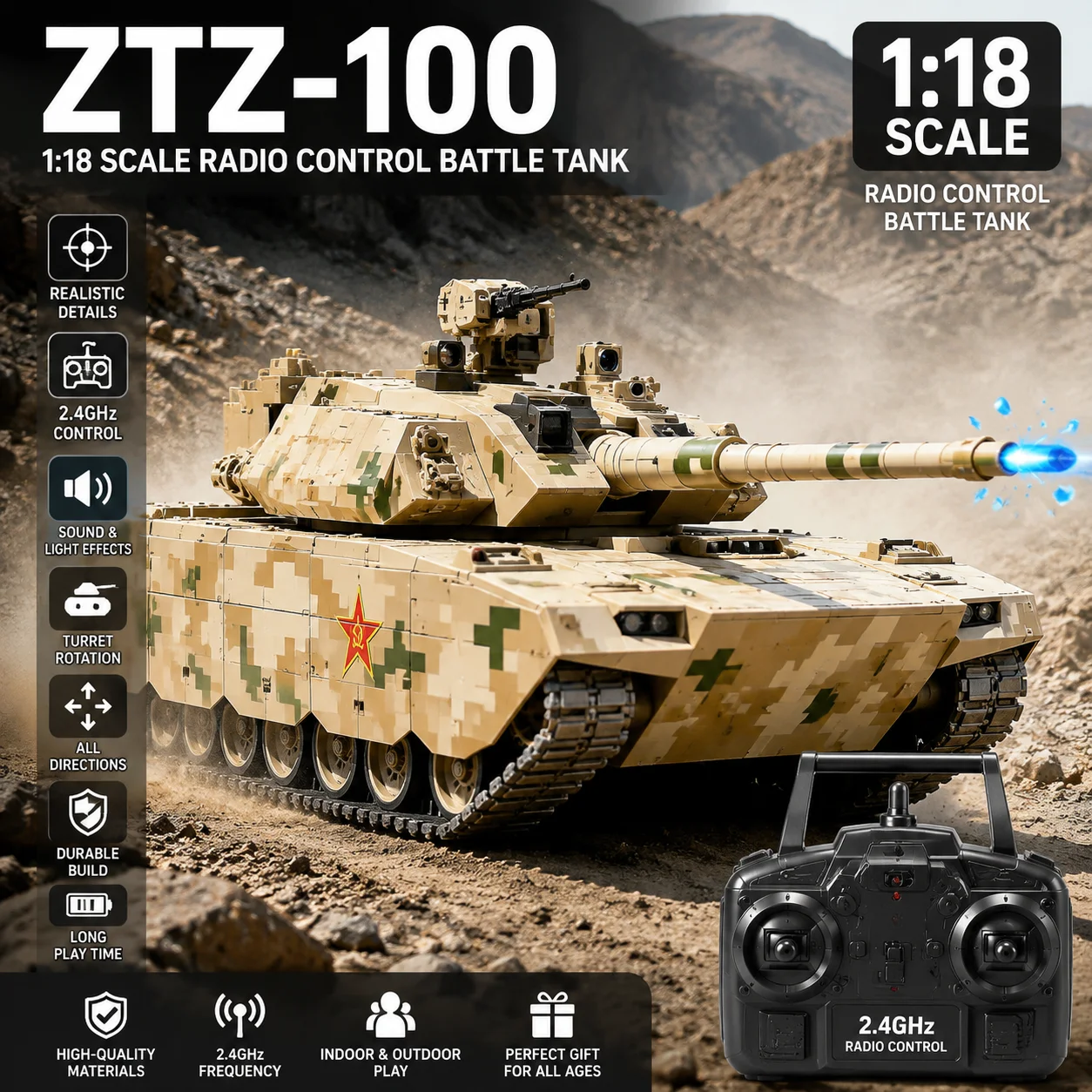 1:18 ZTZ-100 RC Tank Military Toy Electric Armored Vehicle 2.4GHz with Metal Tracks or Plastic Tracks, Sound Light Effects, 360°