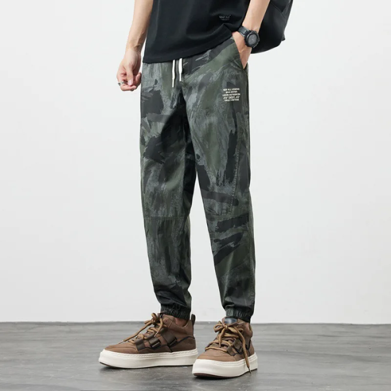 2024 Fashion Camouflage Ice Silk Pants Men's Summer Thin Breathable Sports Slim Fit Ankle-Tied Quick-Drying Casual Cropped Pants