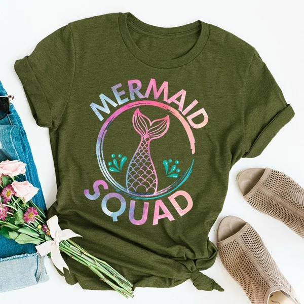 Colorful Mermaid Squad Print T Shirt Women Short Sleeve O Neck Loose Tshirt Summer Women Tee Shirt Tops Camisetas Mujer