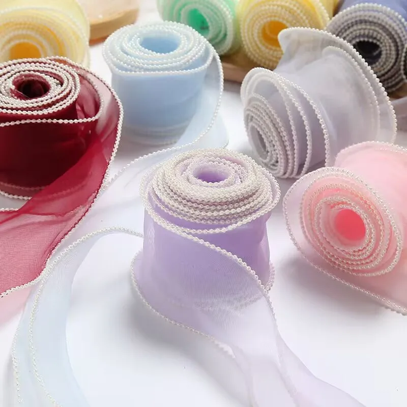 10 Yards 55MM Bead Edge Pearl Fishtail Yarn Wavy Organza Ribbon Rainbow Gradient DIY Bow Hair Accessories Material Gift Packing