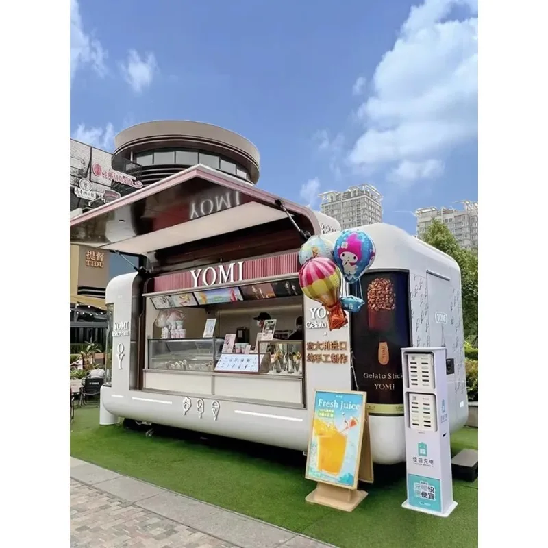 Rosafarbener mobiler Salon-Food-Truck mit integriertem Power-Eisskiosk-Fritteusengrill aus Edelstahl für gewerbliche Catering