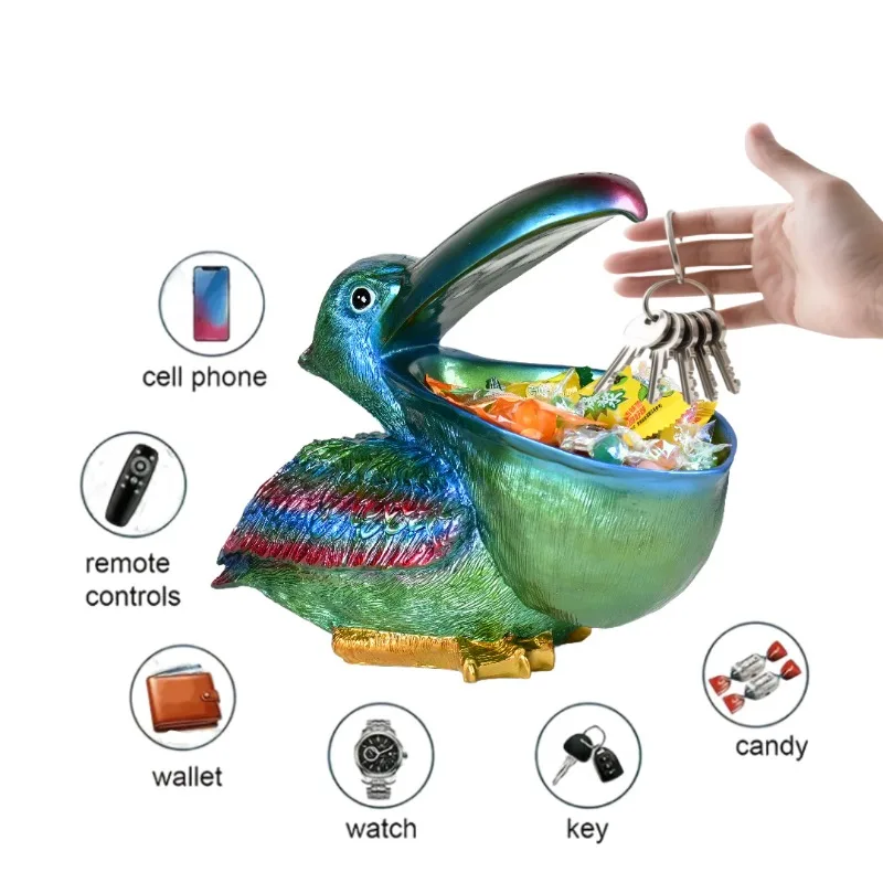 Big Mouthed Bird and Pelican Statue, Storage Ornament, Living Room Soft Decoration Key, Entrance Storage Resin Home Decoration