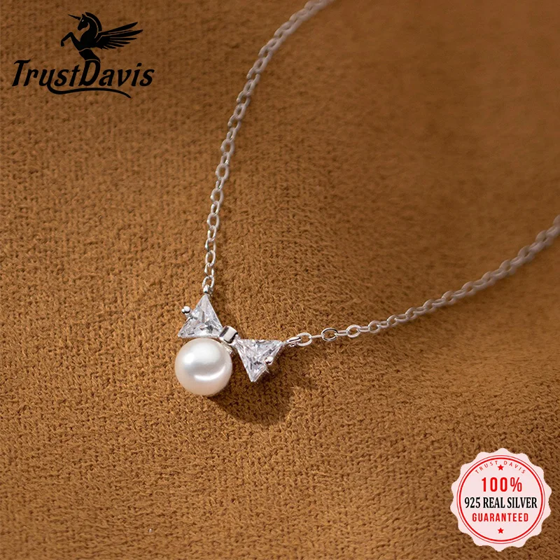 TrustDavis Real 925 Sterling Silver Fashion Charm Diamond Studded Bow Pearl Necklace for Women Wedding Party S925 Jewelry DA1636