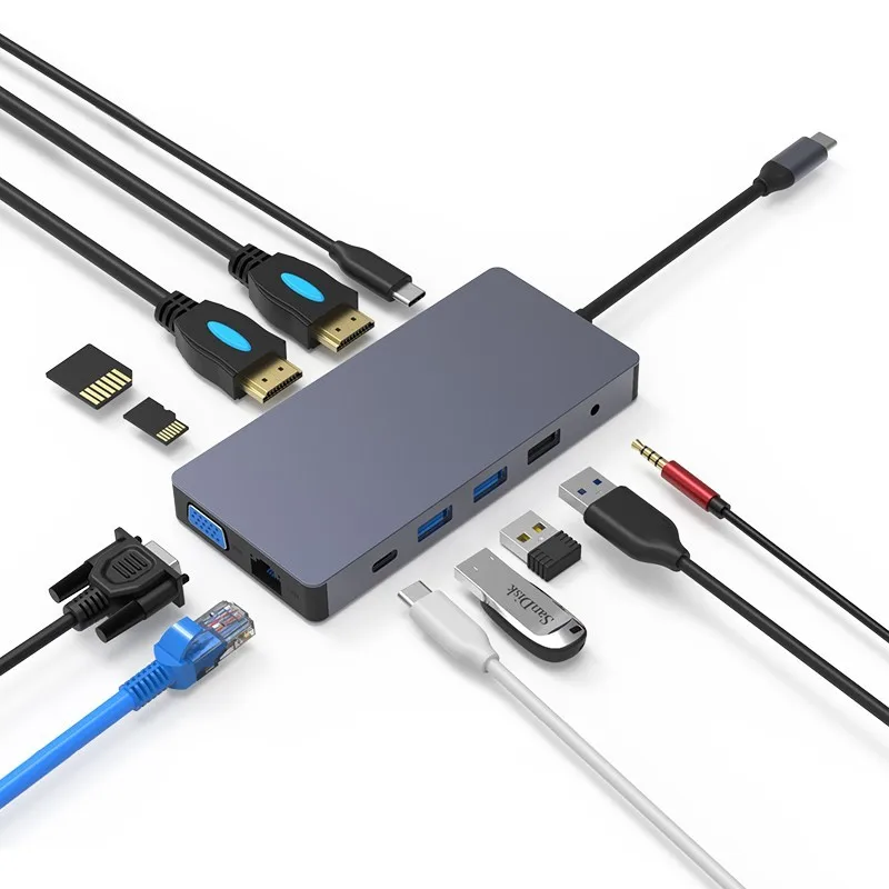 Hub USB Type C Docking Station with 2 HDTV 12 In 1 USB-C Hub 3 Monitor Type-C to 4K Dual HDTV+VGA Adapter for Laptop