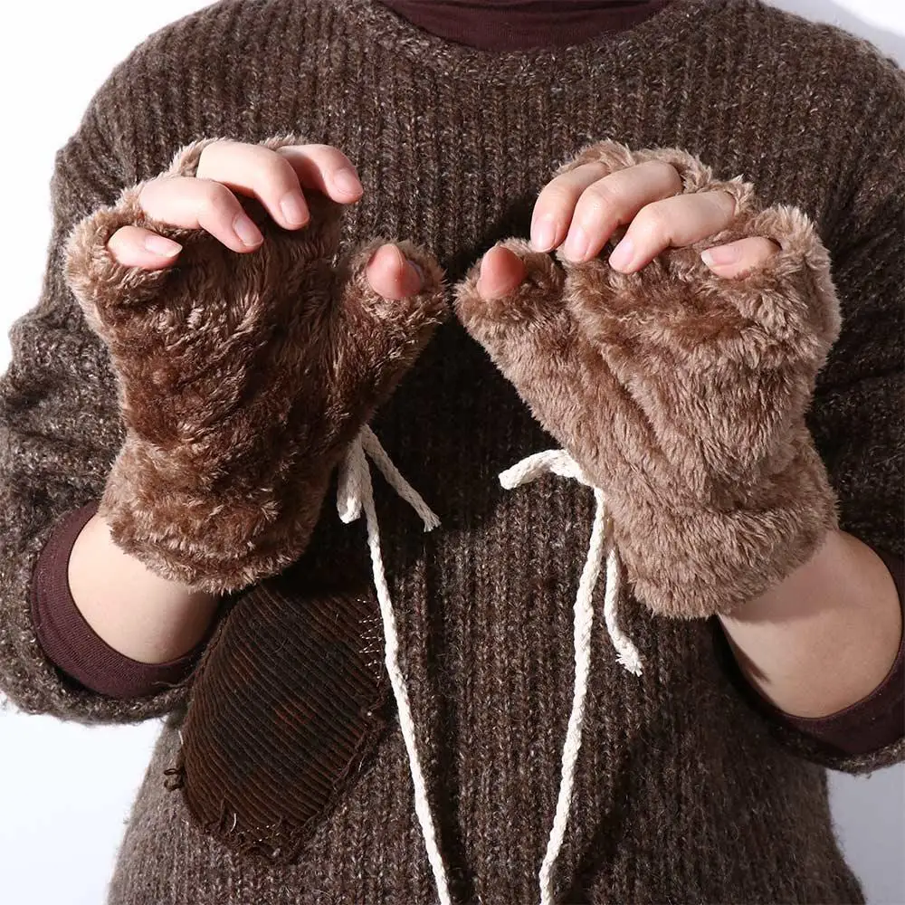 قفازات شتوية أنيقة للفتيات نصف دافئة ناعمة منفوشة متعددة الألوان بدون أصابع على شكل دب #5