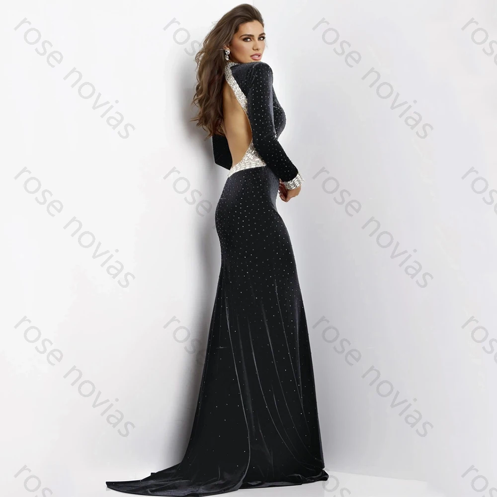 High Quality Simple Black Classic Evening Dresses Velour for Floor-Length O-Neck Backless Prom Dress Straight Crystal Customized