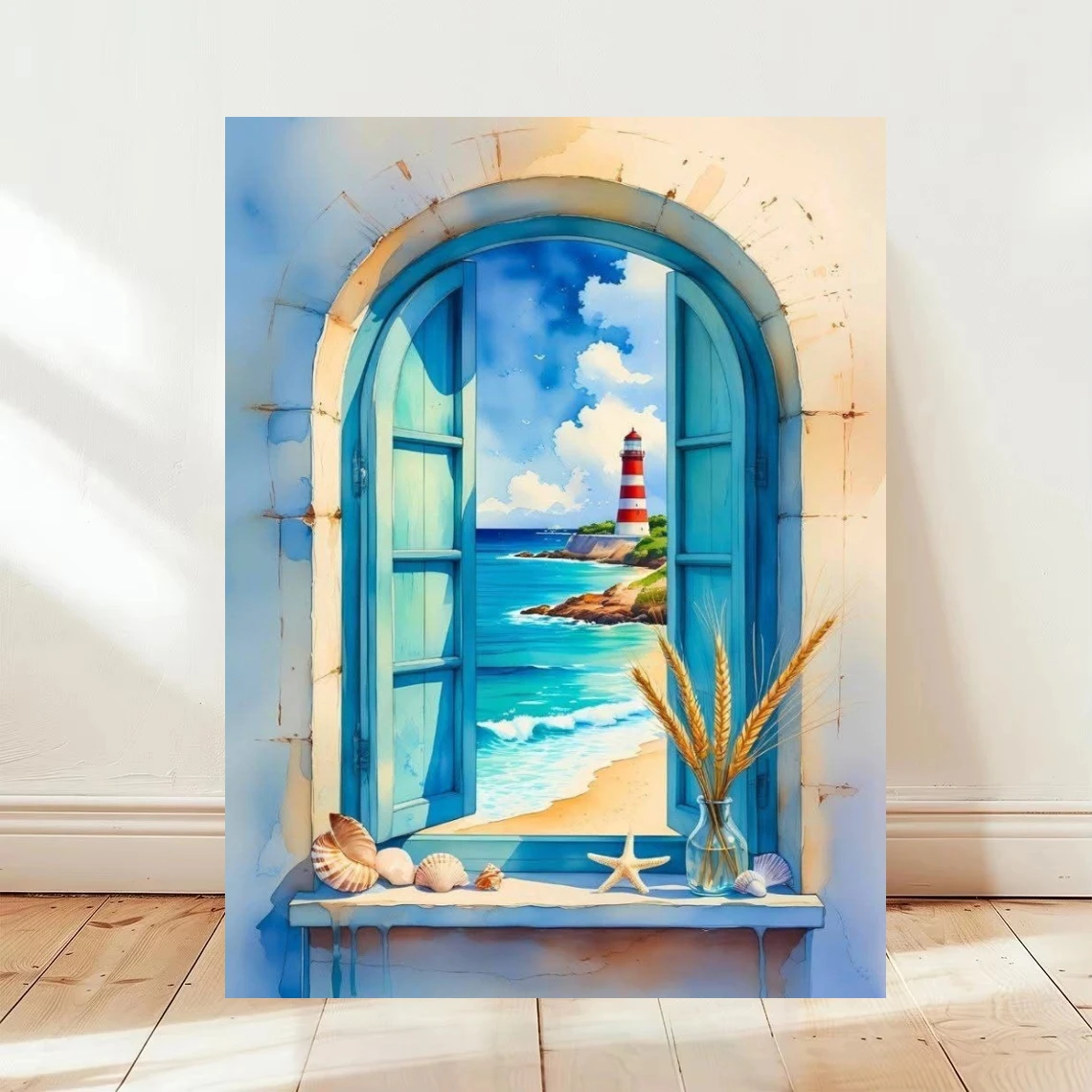 Blue Arched Window with Ocean Lighthouse Beach Wall Decor Oil Painting By Numbers for Living Room Bedroom Gift No Frame
