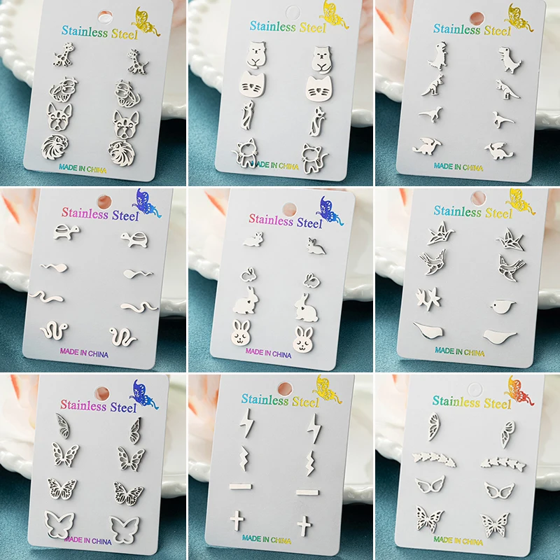 4Pairs/Lot Tiny Silver Color Stainless Steel Animal Earrings Sets for Girls Minimalist Dinosaur Kitty Snake Studs Kawaii Brinco