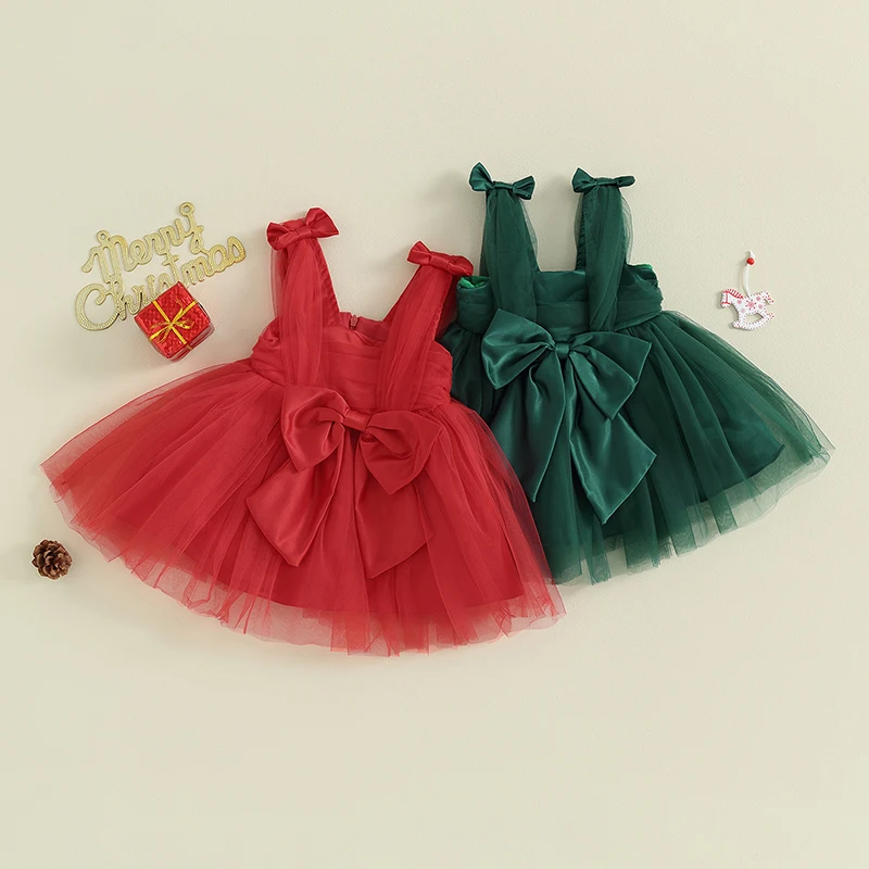 2023-09-13 Lioraitiin 0-3Y Infant Baby Girls Princess Dress Sleeveless Strap Elegant Bow Tulle Patchwork Christmas Tutu Sundress