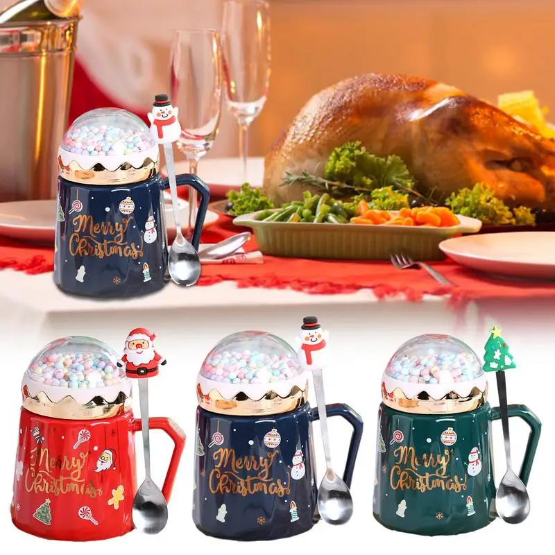 

Christmas Mug Gift Set with Winter Snow Globes Lid Heat Resistant Handgrip Cup Retro Ceramic Coffee Mug for merry Christmas Gift