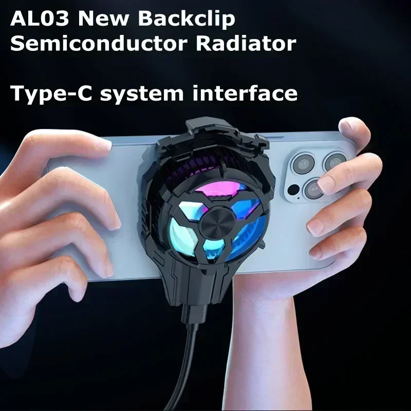 AL03 Mobile Phone Semiconductor Back-clip Cooling Fan Radiator for IPhone Android PUBG TYPE-C Game Cooler W/ RGB Light Heat Sink