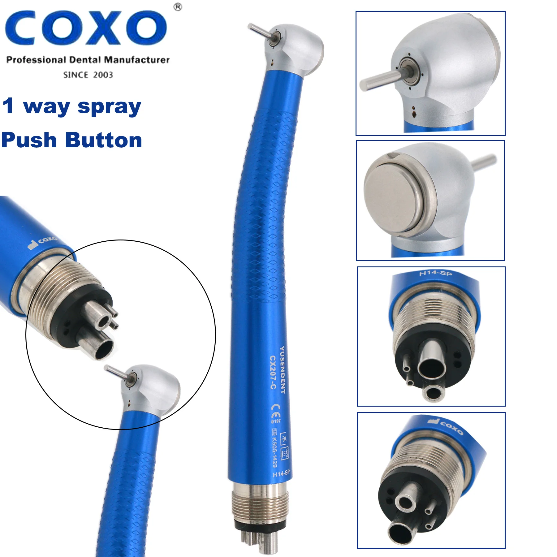 COXO YUSENDENT Dental Colorful Push Button Air Turbine High Speed Handpiece CX207-C-M4 4 Holes Blue Single Water Spray Blue