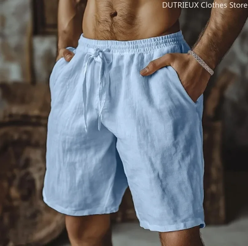 

Stylish Solid Color Loose Straight Shorts Mens Summer Beach Casual Breathable Linen Shorts Vintage Lace-up Drawstring Men Shorts