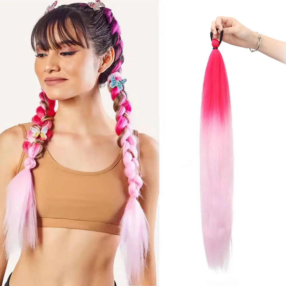 

2pcs 26Inch Synthetic Gradient Multicolor Long Straight Rainbow Colorful Ponytail Braid Hair Extension for Women Daily Use