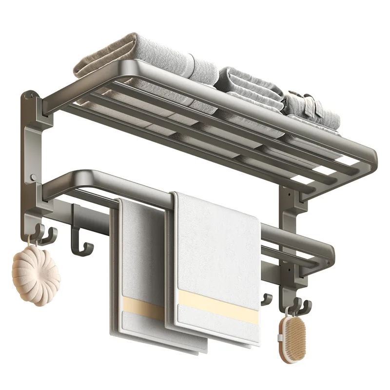 Gun Gray Folding Towel Rack 50cm Aluminum Hole-Free Bathroom Storage Rack Double Layer Bathroom Towel Rack Bathroom