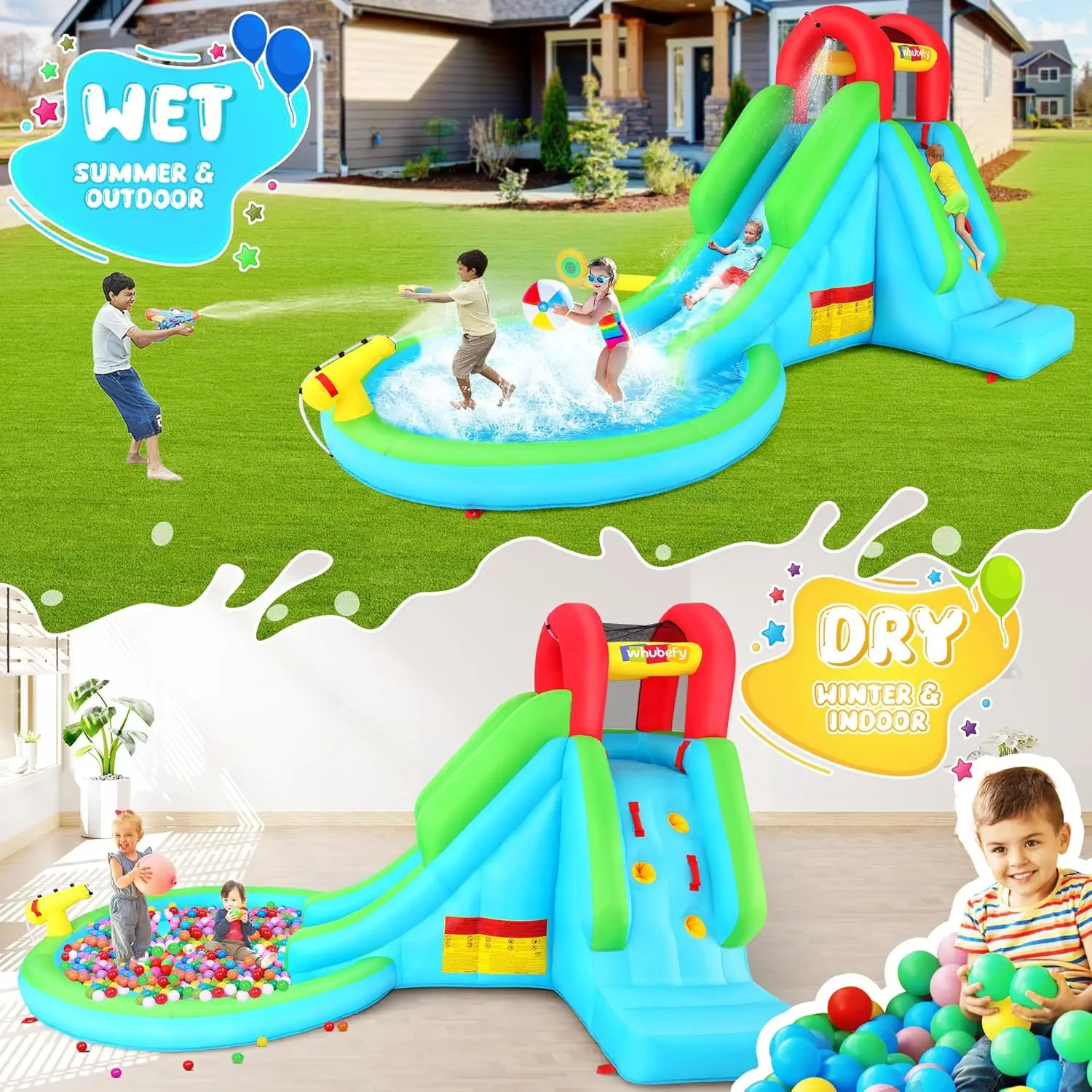 Zjeżdżalnia wodna, nadmuchiwana zjeżdżalnia wodna Park Bounce House dla dzieci 3-6 z dmuchawą, basen dmuchany, zraszaczem, nadmuchiwanym pingwinem D