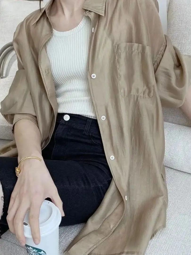 

Ретро-рубашка в гонконгском стиле, свободного кроя, больших размеров, с длинными рукавами, женская, весенне-осенняя, однотонная, верхняя одежда, корейский стиль, на пуговицах