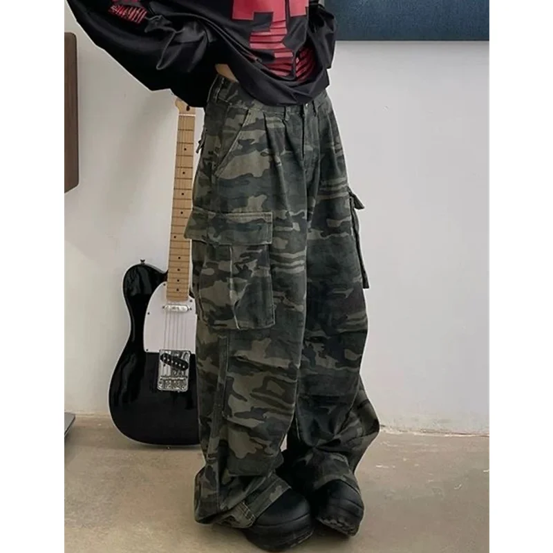Military Green Womens Jeans High Waist Vintage Straight Baggy Y2K Denim Pants Hip Hop American Fashion Wide Leg Denim Trouser
