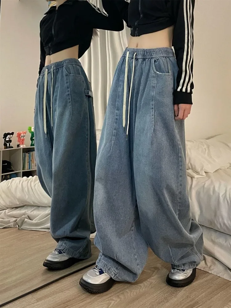 

American Drawstring Jeans Women Hip Hop Vintage Baggy Retro Street Style Spring Fall Wide Leg Casual Full Length Denim All-match