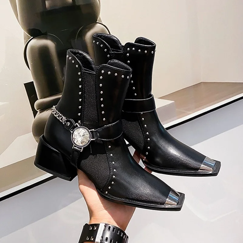 

Metal Rivet Chain Patchwork Ankle Boots Sexy Square Toe Mixed Colors New Arrivlas Fashion Men Modern Boots