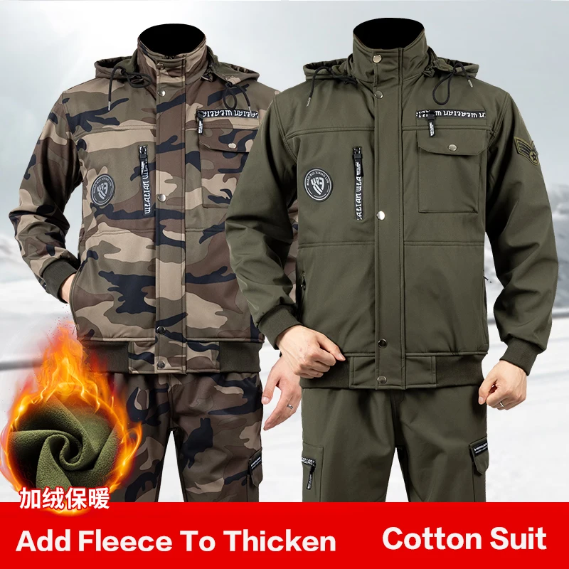 Men\'s Autumn Winter Velvet Camouflage Workshop Overalls Suit Outdoor Windproof Waterproof Sports Ski Mountaineering Jacket