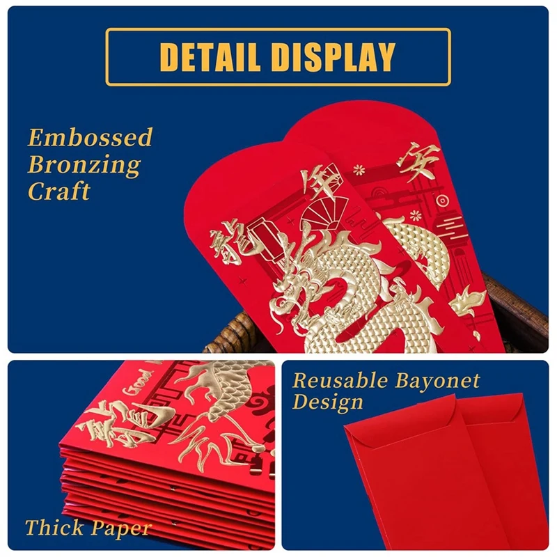 Enveloppes rouges durables pour le nouvel an chinois, dragon lunaire, porte-bonheur, argent, 2024, 18 pièces