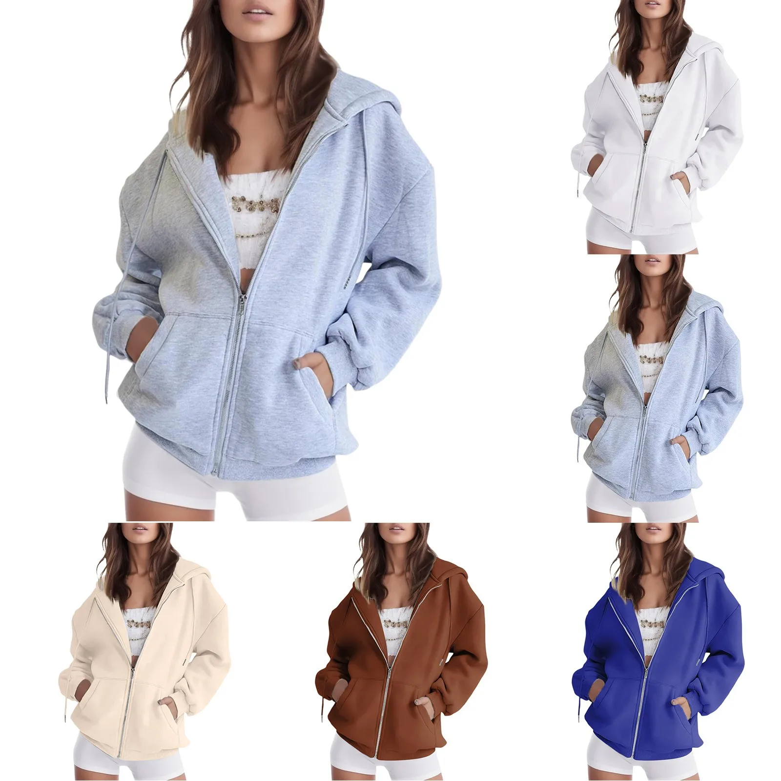 

Women's Hooded Solid Color Jacket Long Sleeve Zipper Pocket Jacket Simple Casual Jacket Comfortable Fall Winter Jacket 2024