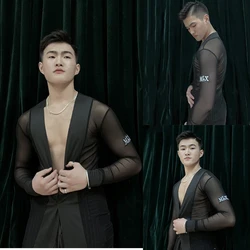 2024 Men Latin Dance Costumes Velvet Padded V-Neck Mesh Shirts Chacha Samba Tango Latin Dance Performance Costumes DQS9011