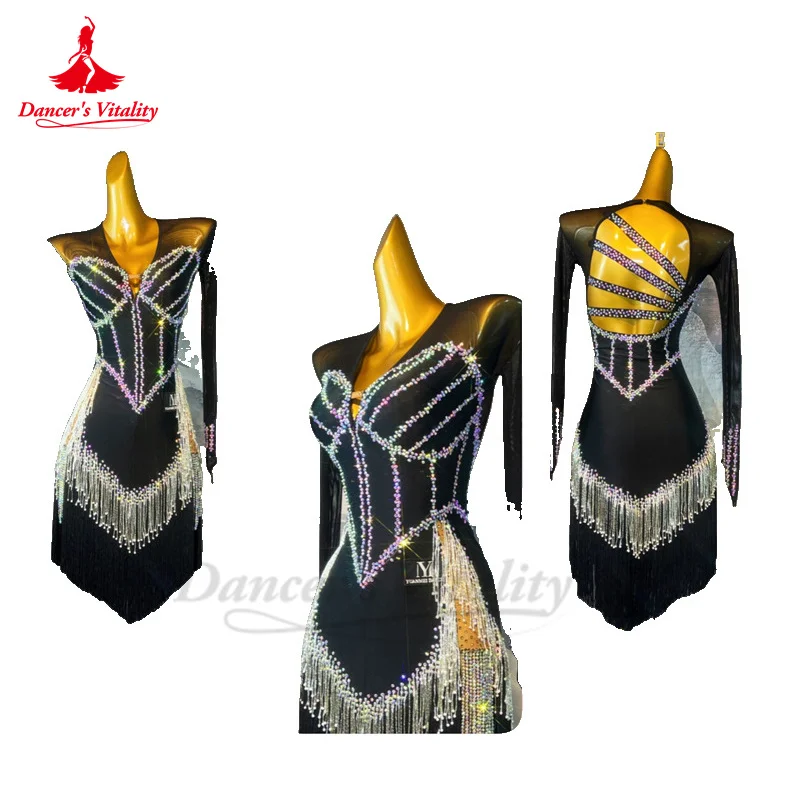 Latin Dance Performance Dress for Women Customsized Long Sleeves AB Stones Costumes Adult Children Rumba Chacha Latin Dresses