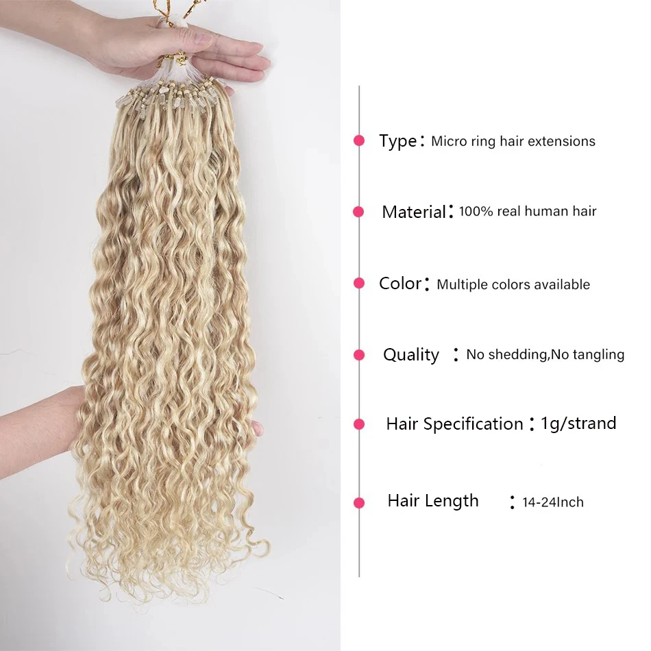 Extensions de Cheveux Naturels Ondulés Remy, Micro Boucle, Micro Perles Bouclées, 1.0g/Mèche