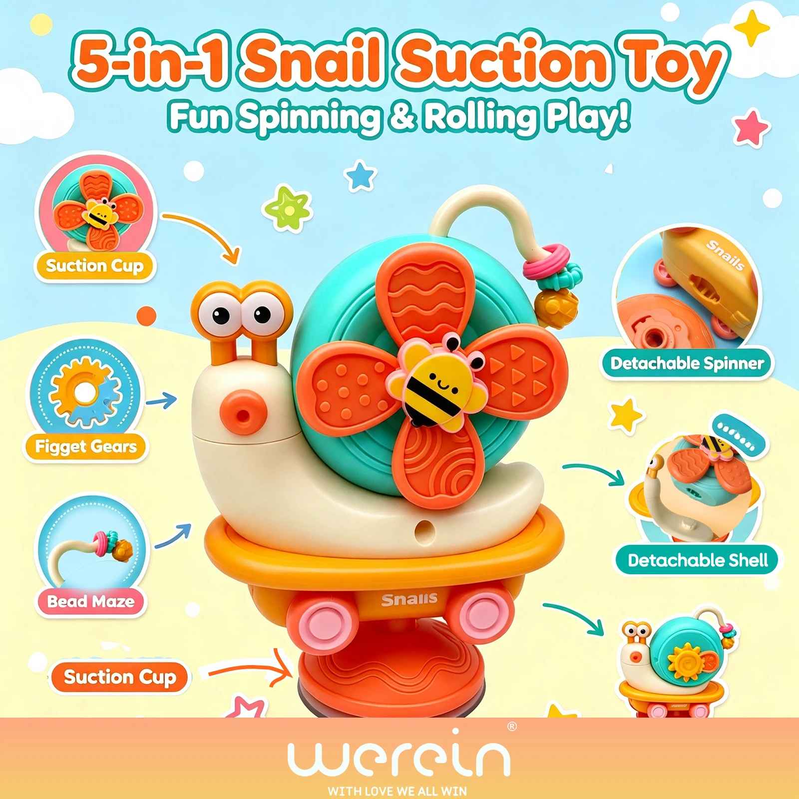 Suction Cup Spinenr Toys for Baby and Kids，Snail & Inertia Car Dining Table Toy
