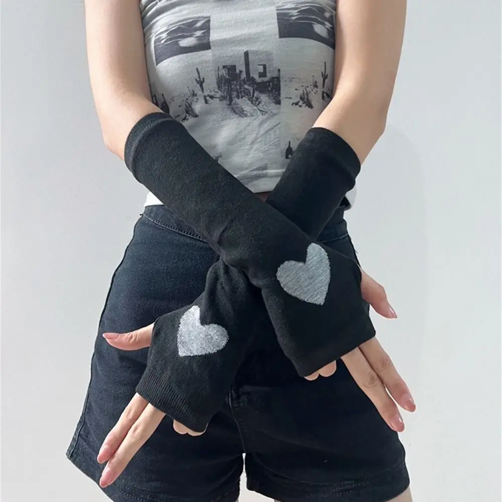 Japanese style Black Knitted Gloves Half Finger Fingerless Arm Warmers Long Wrist Gloves for Women Girls