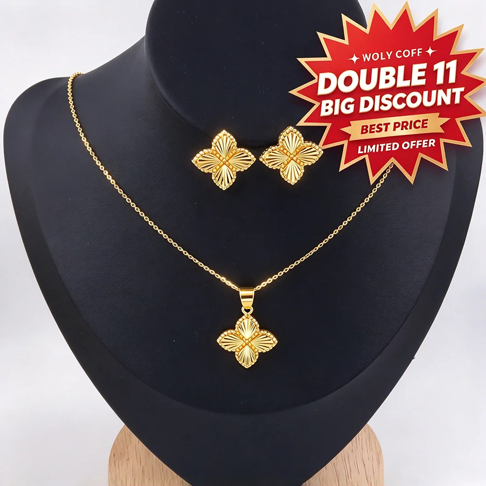 Gold Color Lucky Clover Pendant Necklace Earrings for Women Fine Stainless Steel Jewelry Set for Wedding New Concise Party Gifts