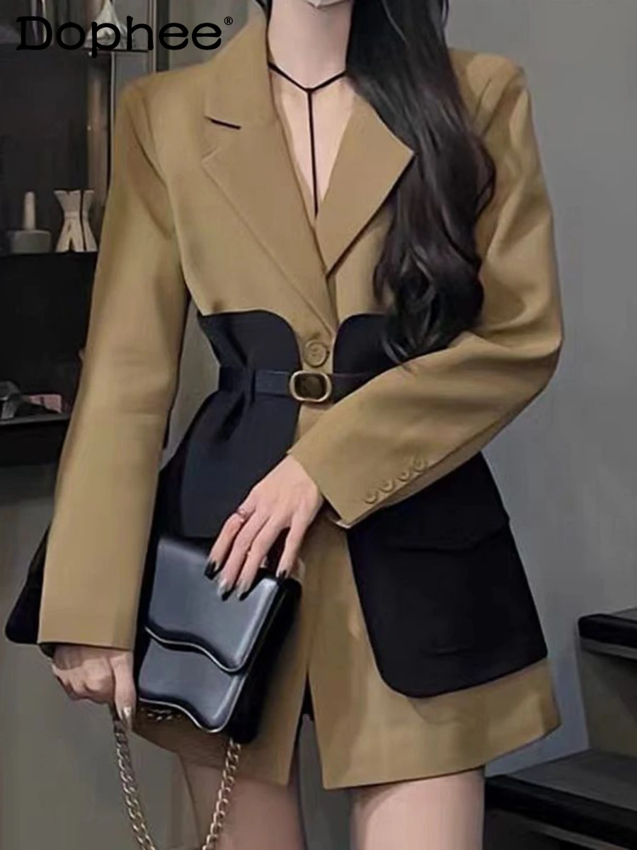 

Fall 2023 New Korean Elegance Mid-Length Color Contrast Patchwork Suit Jacket Women Loose Western Style Waist Tight Blazer Coat