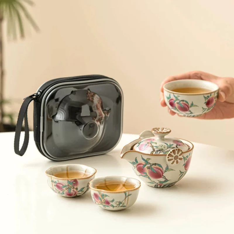 Cream Ru Kiln Pink Color Nine Peach Tea Set Kit Zen 1 Pot 3 Cups Tea Maker Portable Travel Picnic Camping Stock Bags Craft Gifts