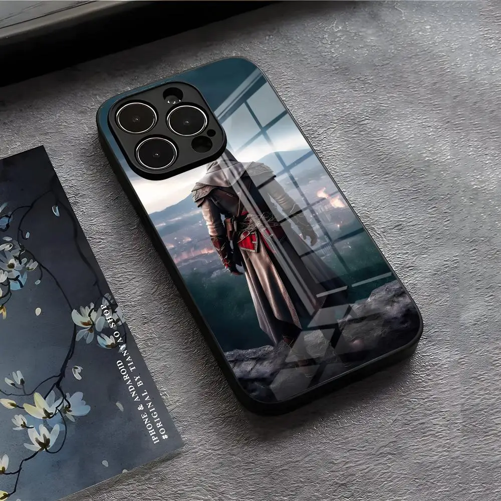 حافظة هاتف Assassin S Creed لهاتف آيفون 17 Air 16 E Pro Max 15 14 13 Mini 12 Pro 11 Max Plus غطاء زجاجي أسود #3