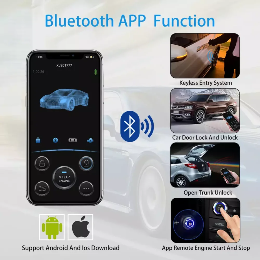 Kit di arresto di avvio remoto per auto Bluetooth controllo APP del telefono cellulare accensione del motore bagagliaio aperto PKE Keyless Entry Car Alarm