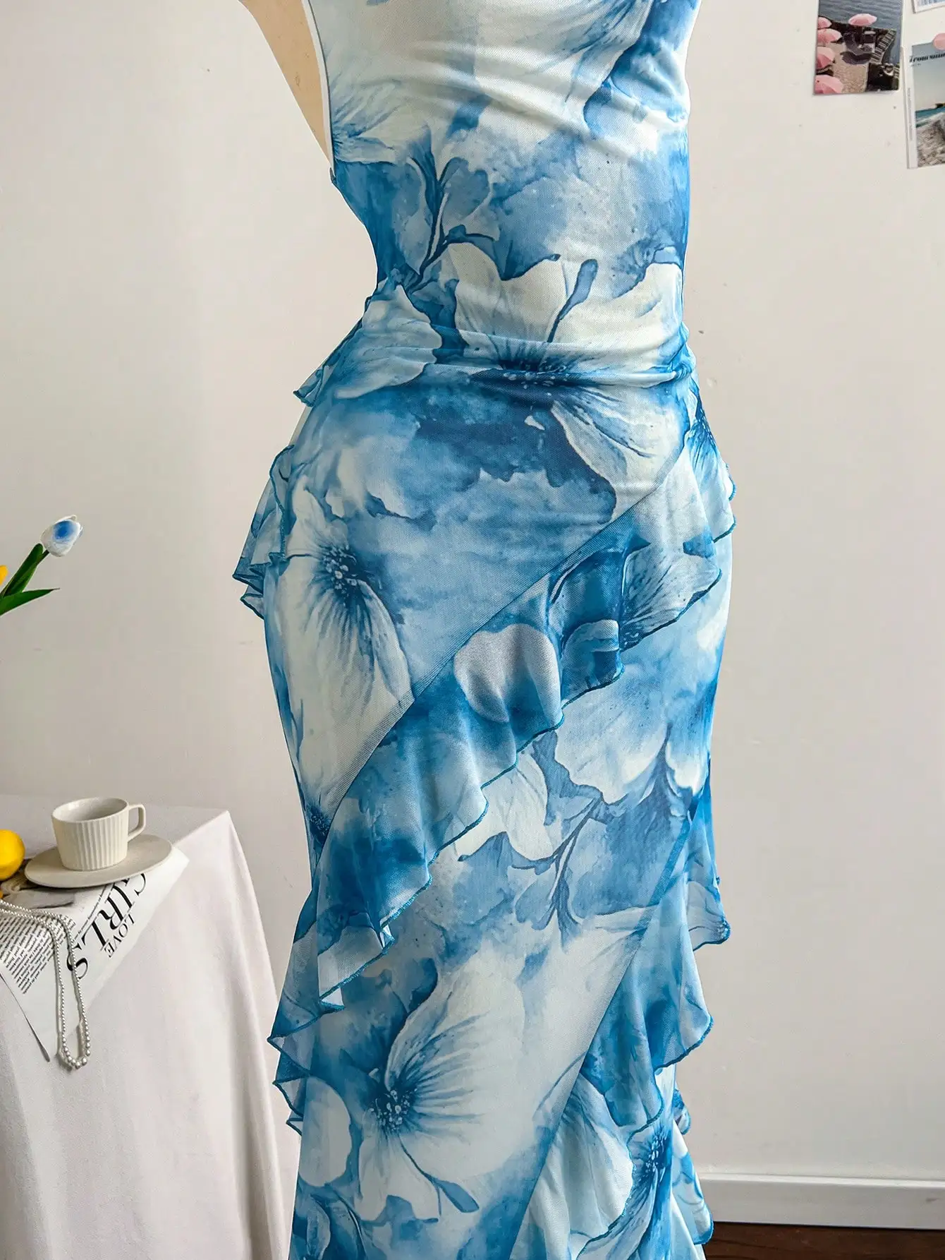 Elegant Blue Watercolor Floral Maxi Dress With Asymmetrical Ruffles And Draped Bodice For Summer Wedding Or Resort Wear